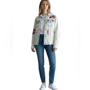 Hollister Jacket Top Destroyed Floral Embroidered Jean Pockets Shacket